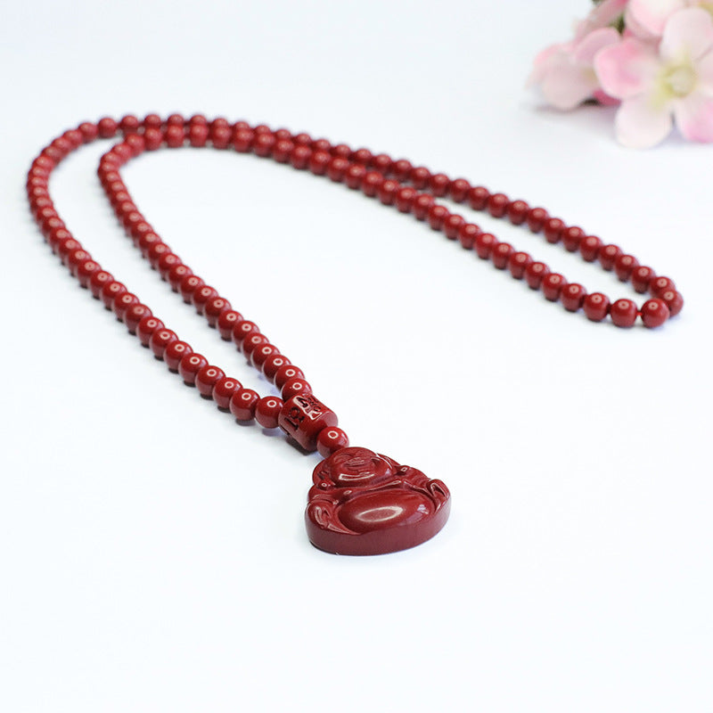 Purple Gold Sand Buddha Lord Necklace with Cinnabar Stone Accents