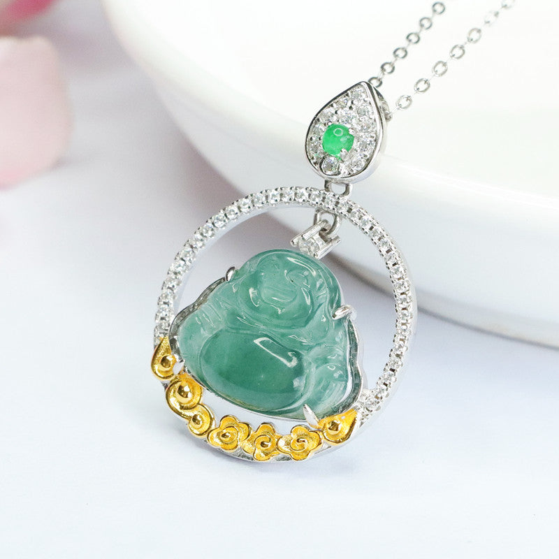 Buddha Green Jade Silver Necklace with Zircon Accents