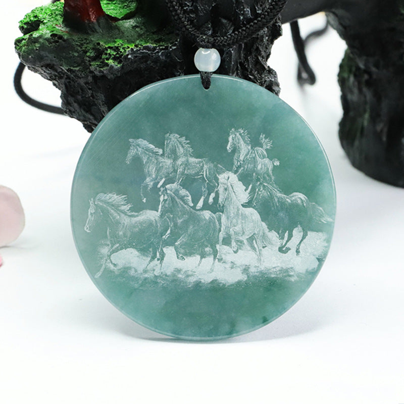 Jade Horse Zodiac Pendant with Eight Horses Carving in Blue Green Shadow