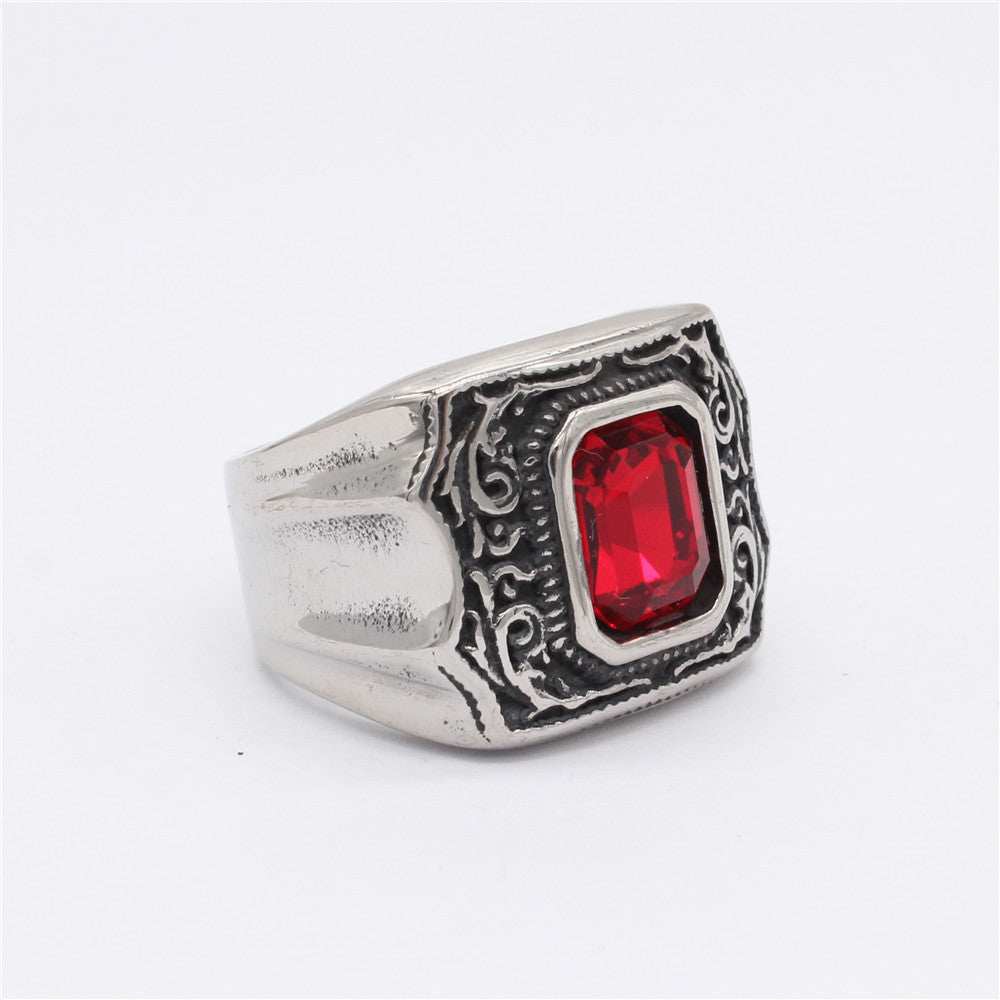 Palace Style Rectangle Zircon Titanium Steel Ring for Men