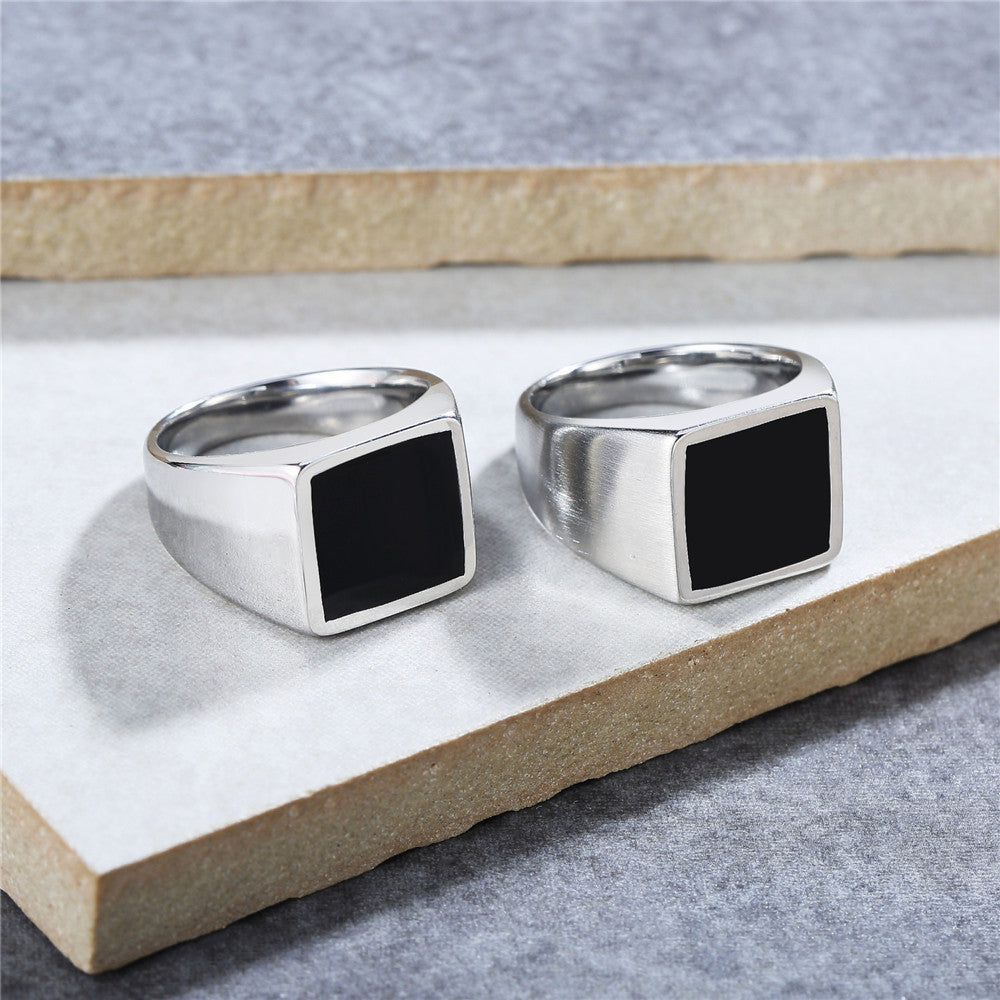 Fashionable European and American Square Black Titanium Steel Men's Ring