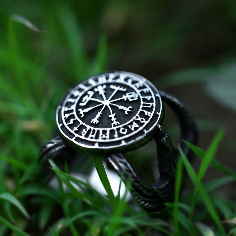 Viking Compass Open Ring in Titanium Steel - Retro Crow Hand Jewelry for Men