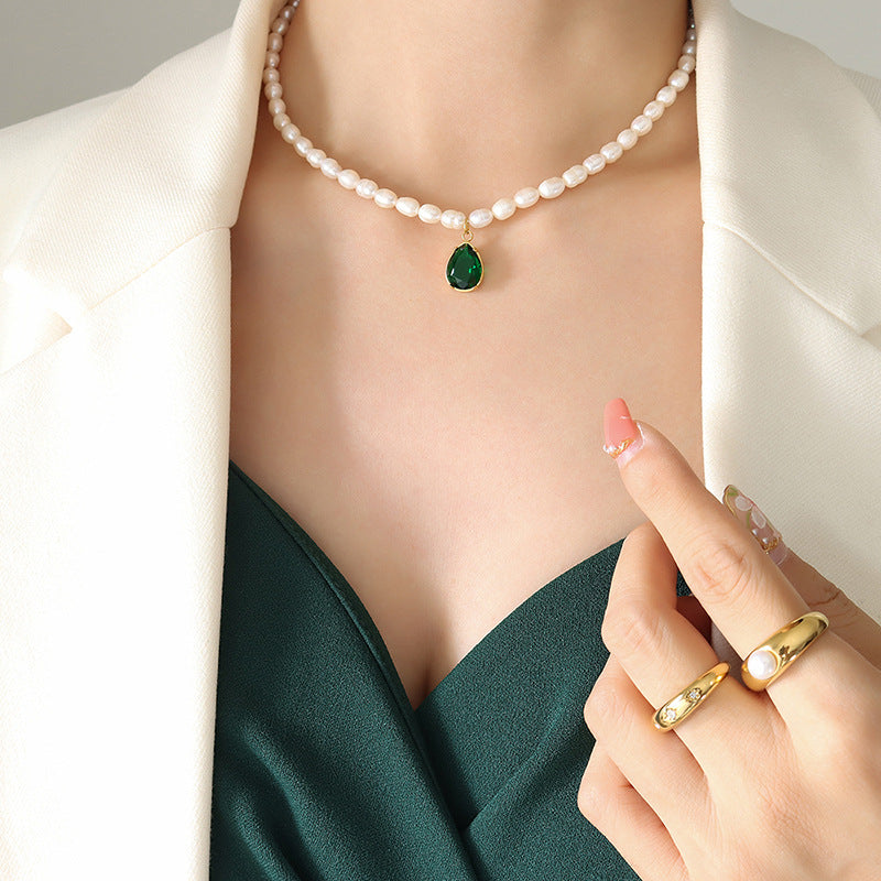 Emerald Zircon Water Drop Necklace with Freshwater Pearl Chain