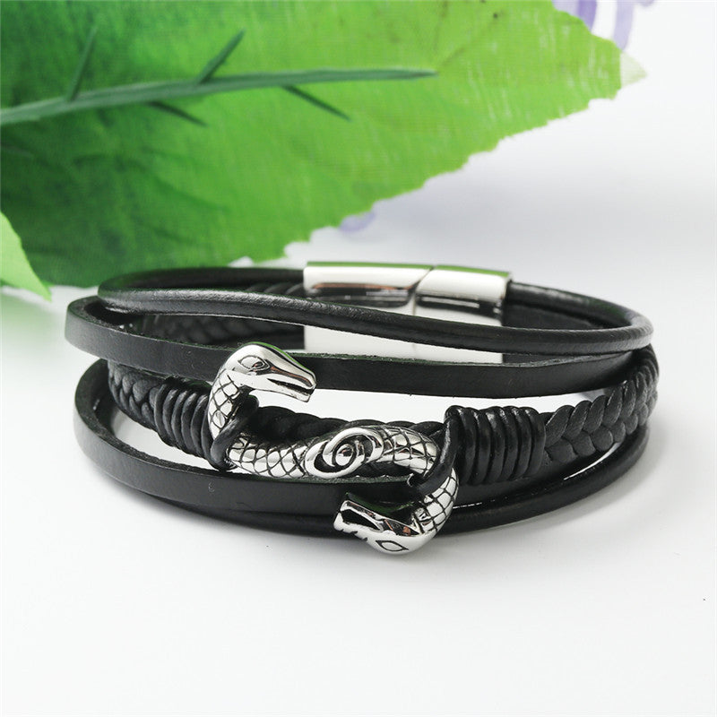 Titanium Steel S-Shaped Snake Bracelet - Personalized Punk Leather Accessory for Men