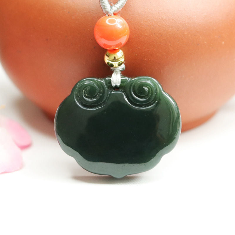 Green Jade Ruyi Lock Pendant with Sterling Silver Needle