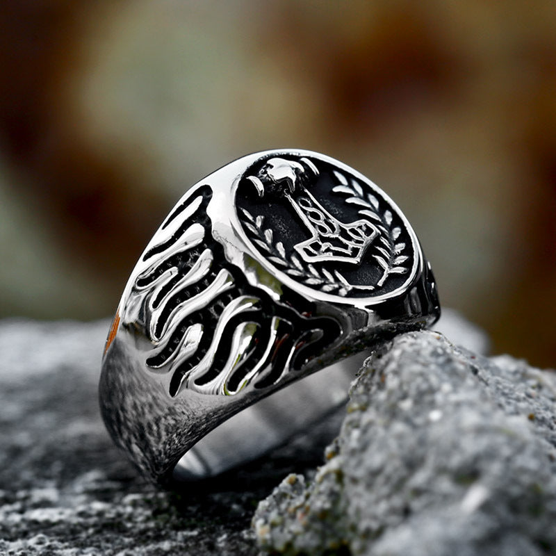 Titanium Steel Retro Viking Thor's Hammer Flame Ring for Men - Wholesale Jewelry Inspired by European and American Cinema