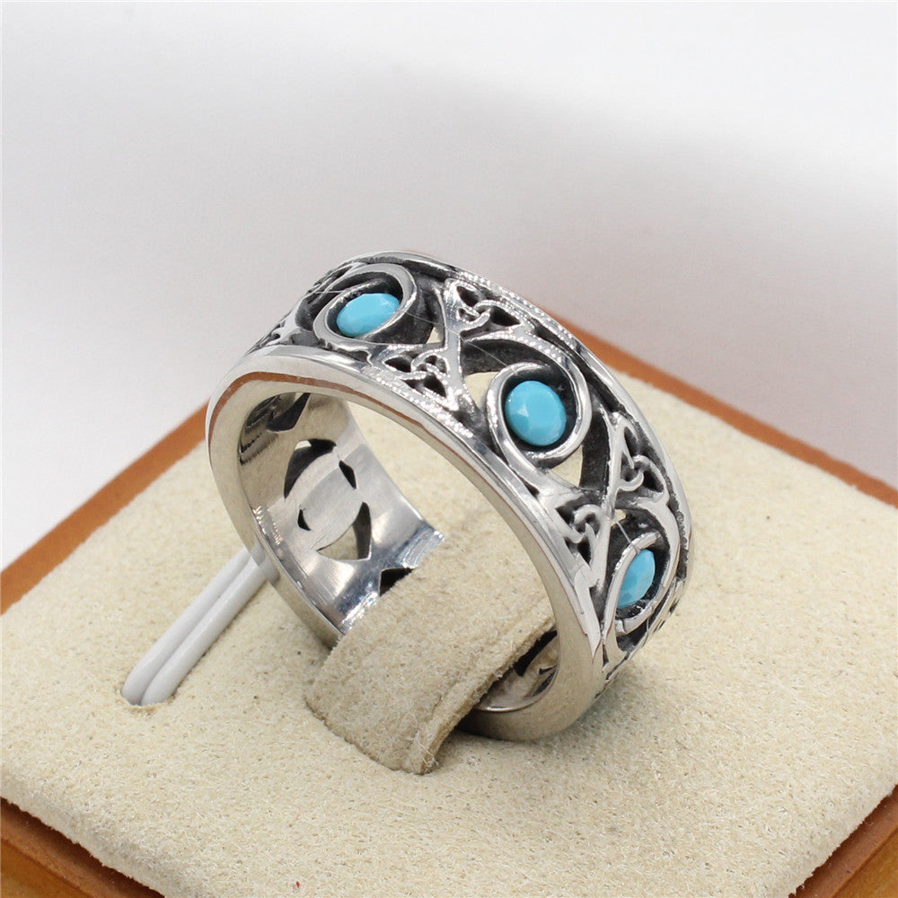 Stylish Blue Turquoise Titanium Steel Ring for Men - European and American Fashion Design