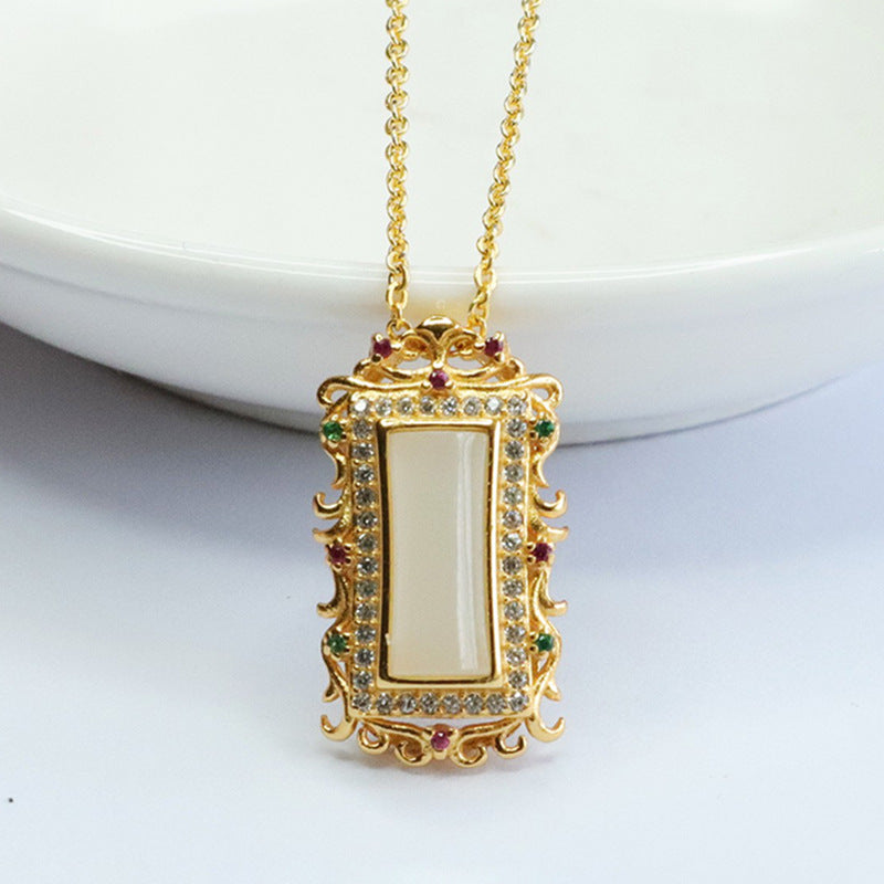 White Jade Pendant Necklace with Colorful Zircon Accents