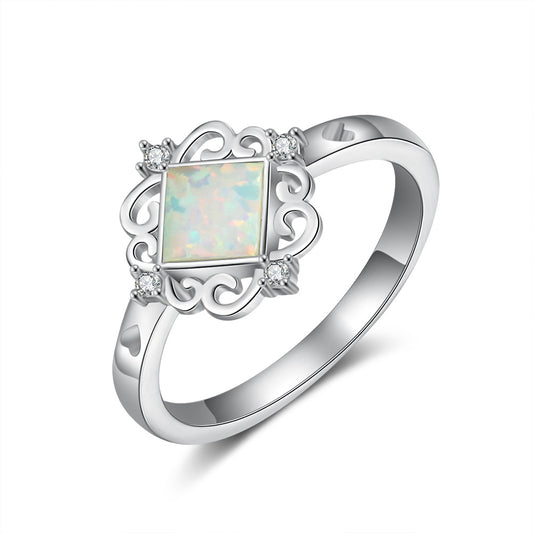 Palace Style Square Opal with Four Small Zircon Sterling Silver Ring