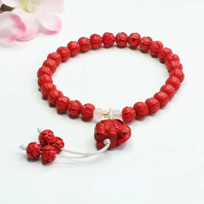 Lucky Elephant Cinnabar Lotus Bead Sterling Silver Bracelet