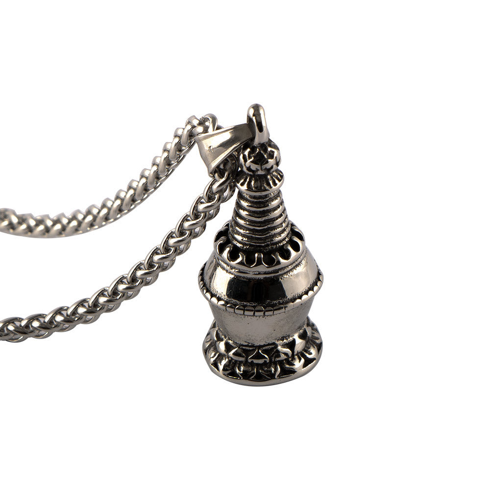 Titanium Steel Retro Stupa Relic Pendant with Lotus Base - Stylish Men's Necklace Accessory