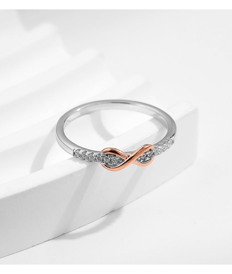 S925 Sterling Silver Mobius Ring with Zircon Arrangement and Rose Gold Plating