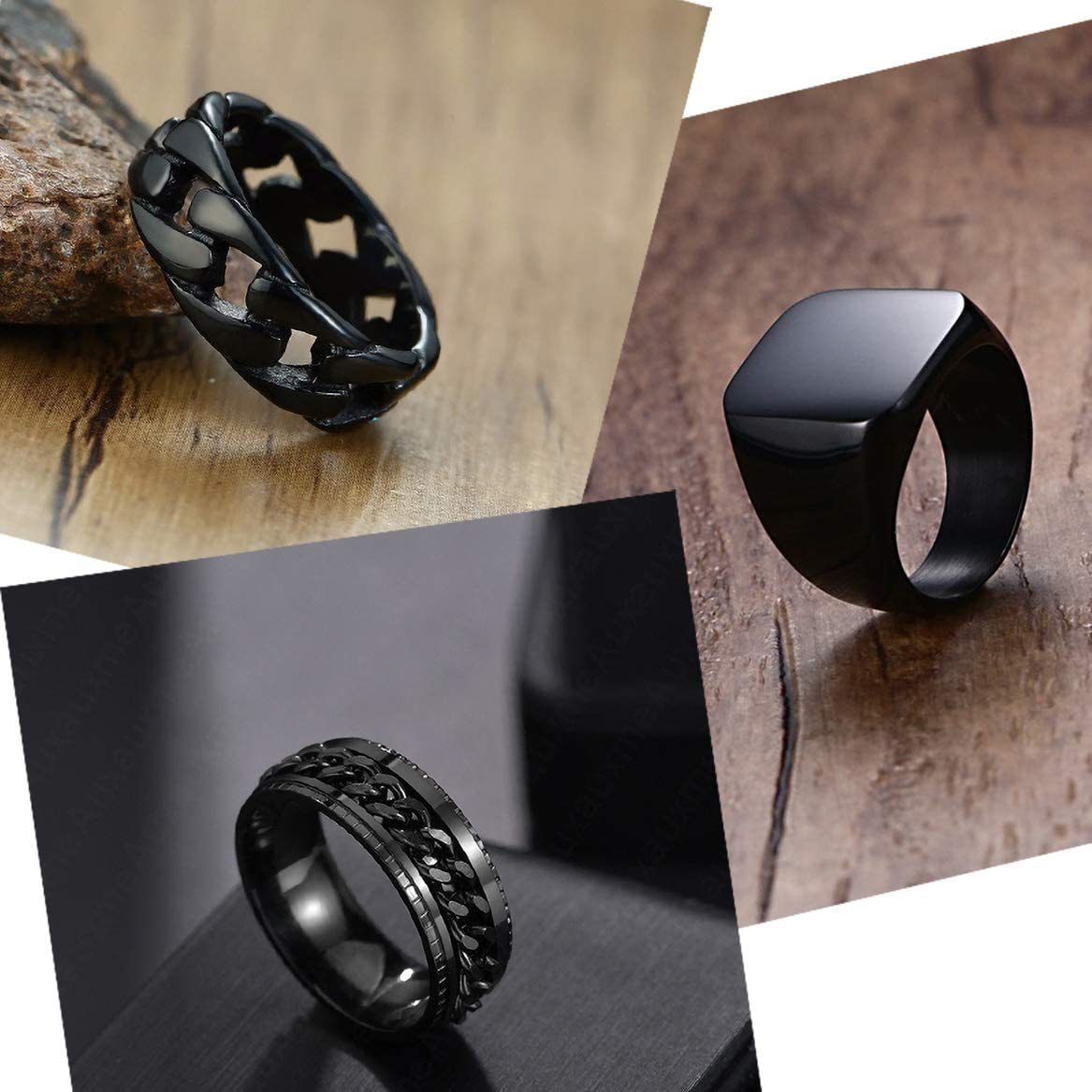 Men's Stainless Steel Seal Ring Set with Decompression Chain Ring and Rotating Black Ring