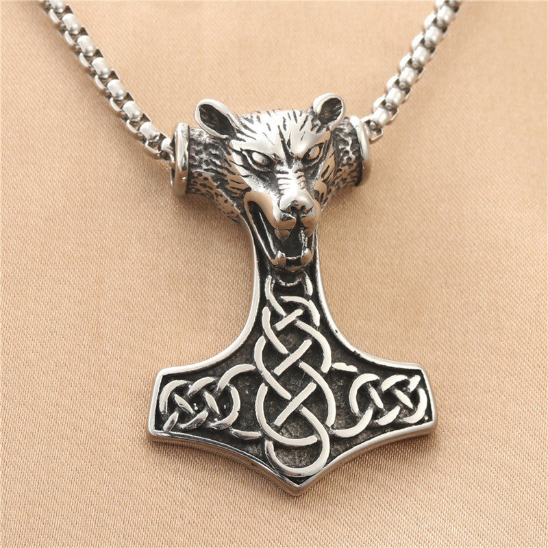 Titanium Steel Viking Raytheon Hammer Pendant - Trendy Punk Necklace for Men in Stainless Steel