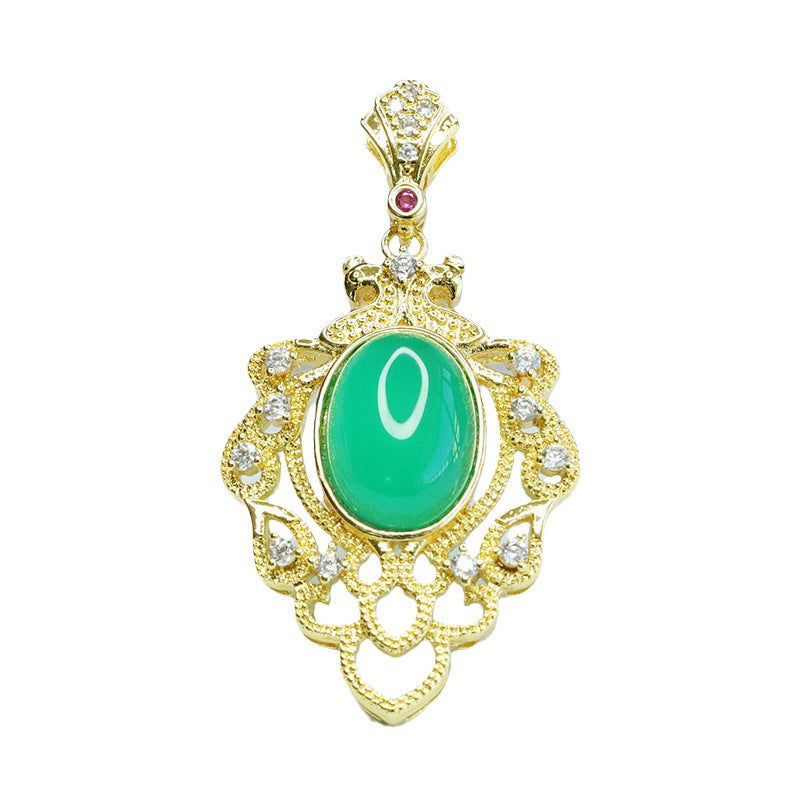 Green Chalcedony Leaf Pendant with Zircon Accent