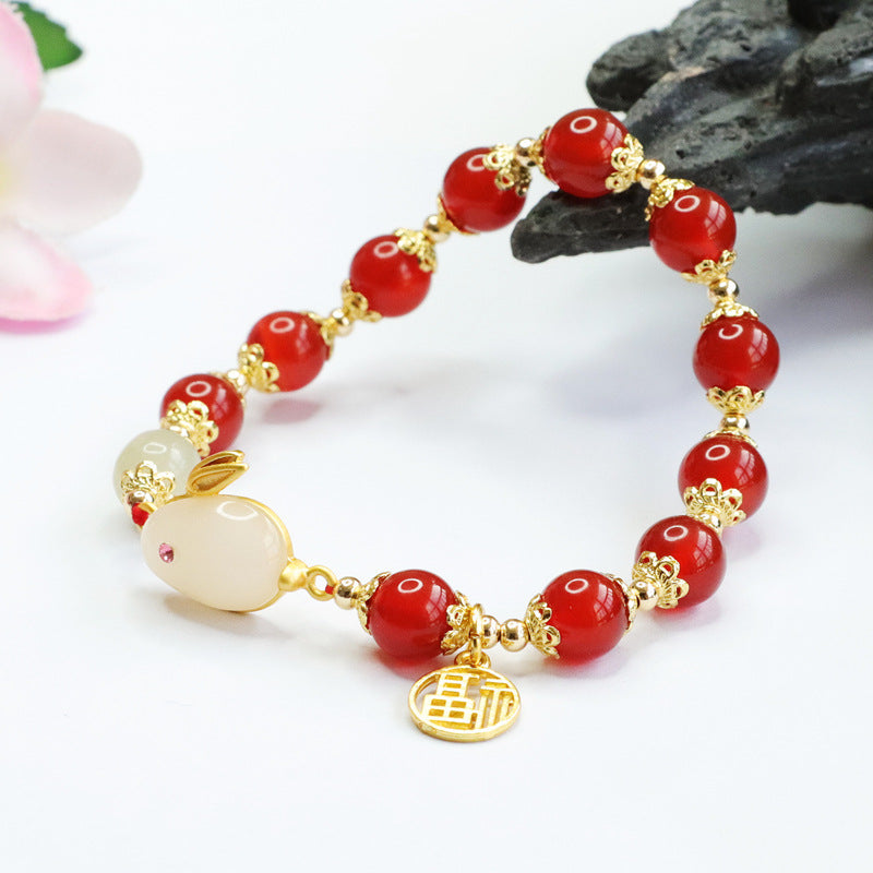 Blessed Rabbit Red Agate and Chalcedony Bracelet