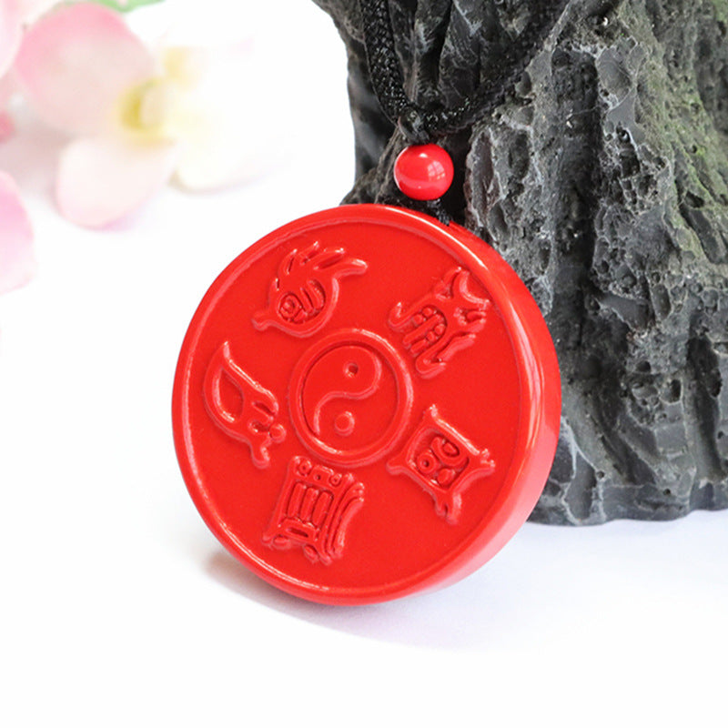 Round Red Cinnabar Pendant with Taoist Symbolism