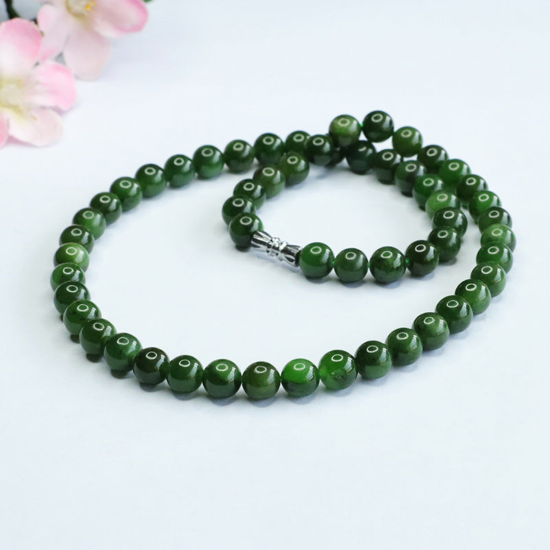 Natural Hetian Jade Necklace Jasper Beads Chain Russian Spinach Green