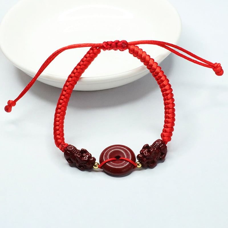 Double Pixiu Cinnabar Stone Bracelet with Sterling Silver Buckle