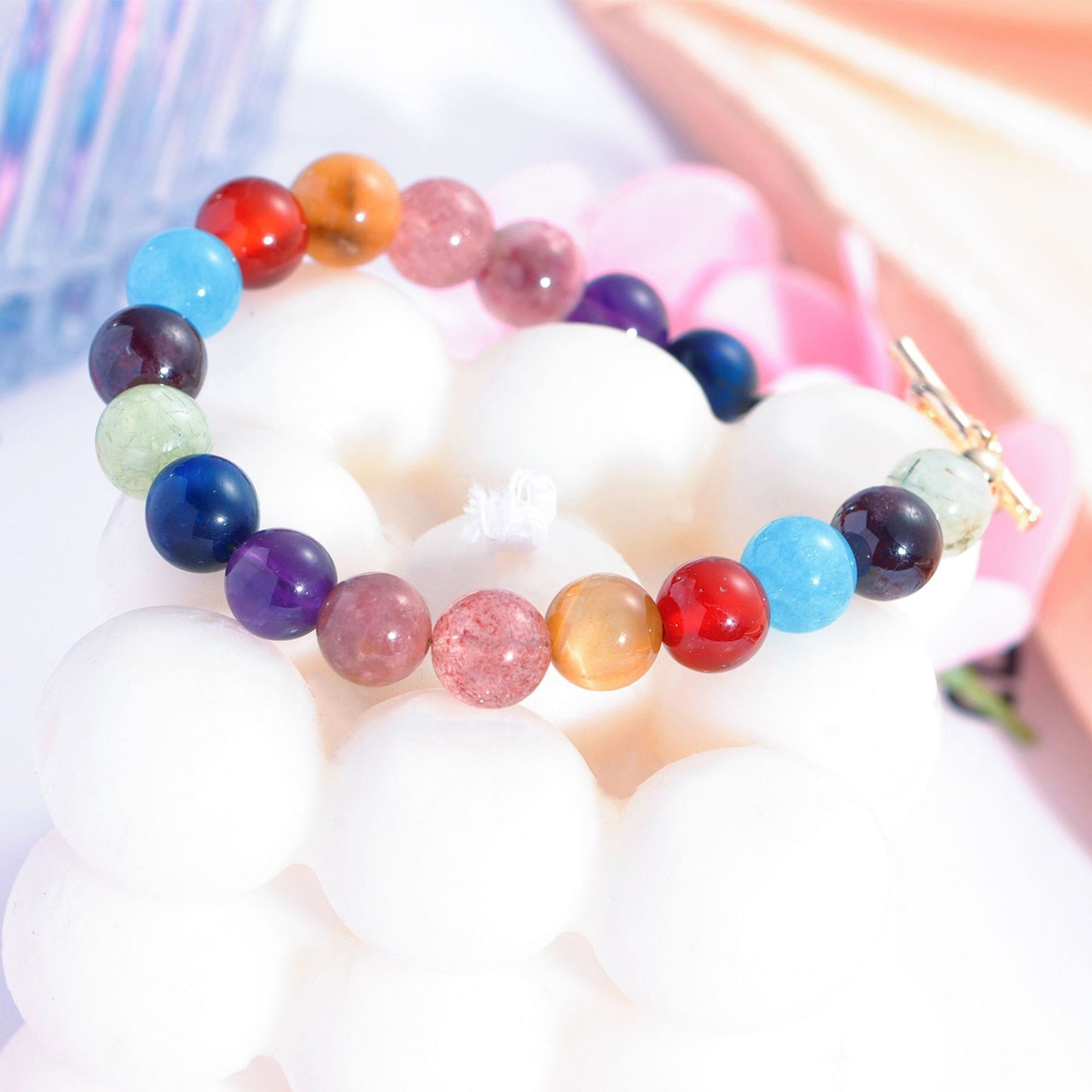 Rainbow Crystal and Red Agate Sterling Silver Bracelet