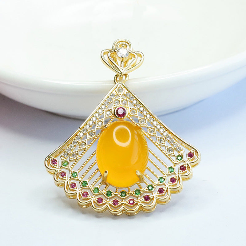 Oval Yellow Chalcedony Hollow Peacock Open Screen Female Zircon Pendant