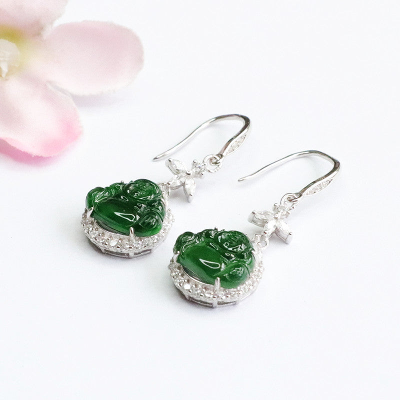 Ice Emperor Green Buddha Jade Sterling Silver Earrings