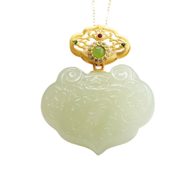 Sterling Silver Lotus Ruyi Pendant Necklace with Natural Hetian Jade