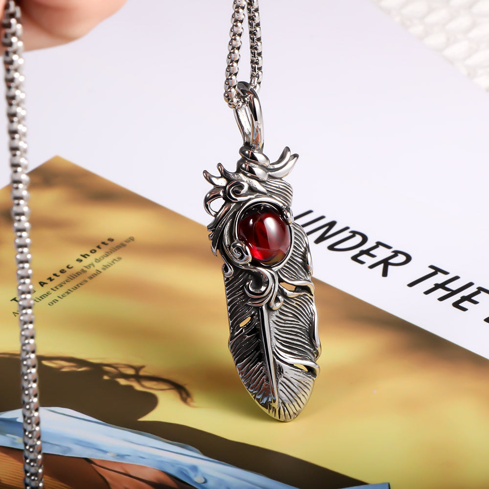 Hipster Fashion Titanium Steel Necklace with Red Stone Feather Pendant for Men