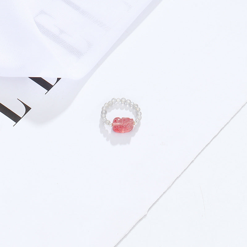 Strawberry Crystal and Pearl Sterling Silver Ring with Pixiu Design