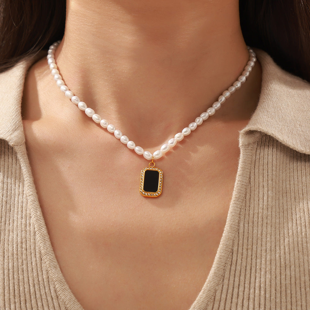 Gentle French Pearl and Zircon Pendant Necklace with Titanium Steel Chain