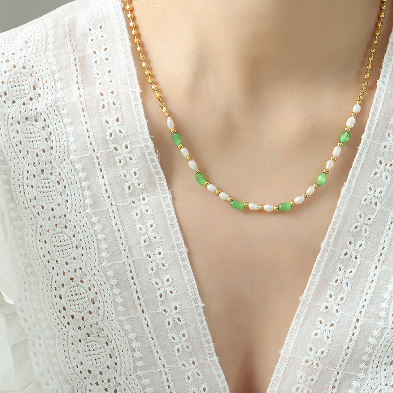 Green Opal and Pearl Beaded Necklace with Titanium Accents - Stylish Accessories for Girls