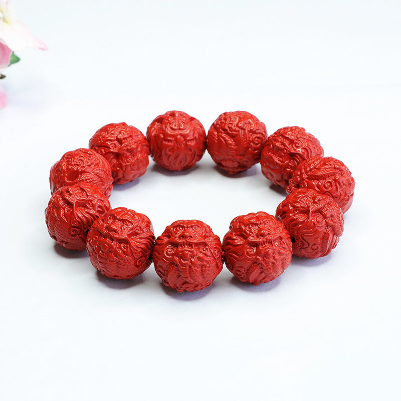 Dragon Head Red Cinnabar Bracelet with Sterling Silver Beads