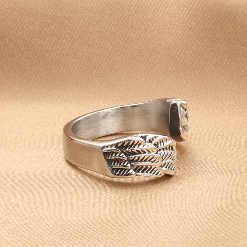 Titanium Steel Retro Feather Ring for Men - Unique Angel Wing Design