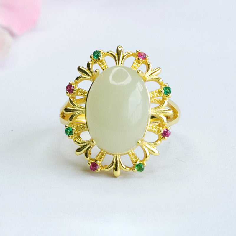 Pigeon Eggs Hetian Jade Zircon Ring - Vintage Hollow Design