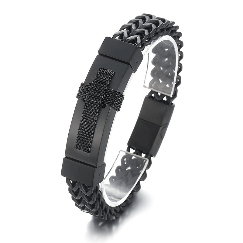 Trendy Woven Cross Stainless Steel Bracelet for Men - Hip-Hop Style with Rock Vacuum Plating