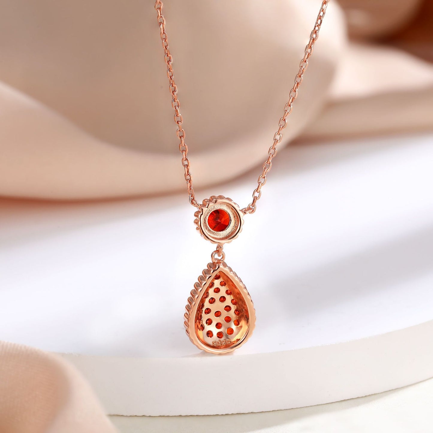 Water Droplet Pendant Round Red Garnet Sterling Silver Necklace