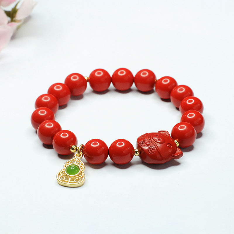 Red Cinnabar and Jade Gourd Zodiac Pig Bracelet