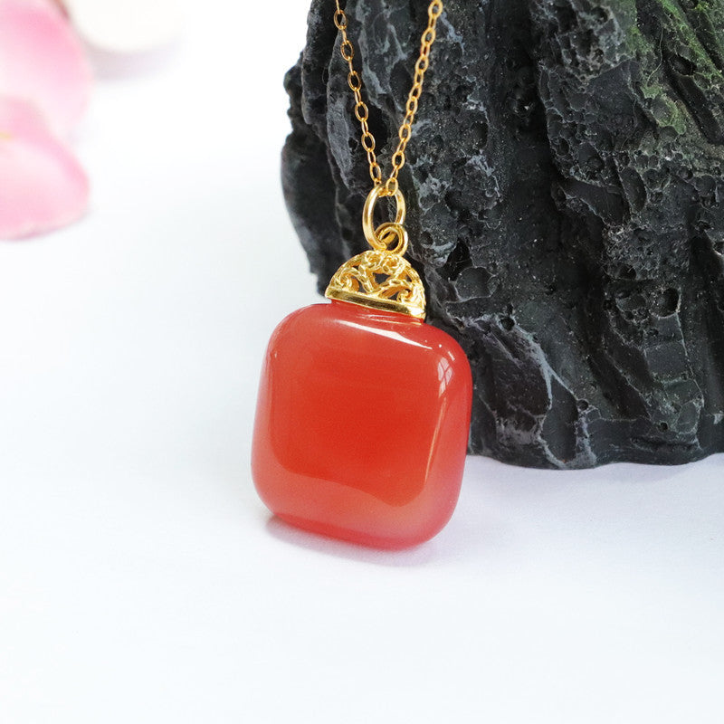 Crimson Sugar Agate Pendant Necklace with Golden Sterling Silver Jewelry