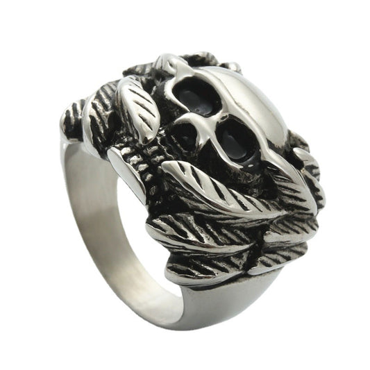 Titanium Steel Feather Skull Ring - Retro Punk Jewelry for Men