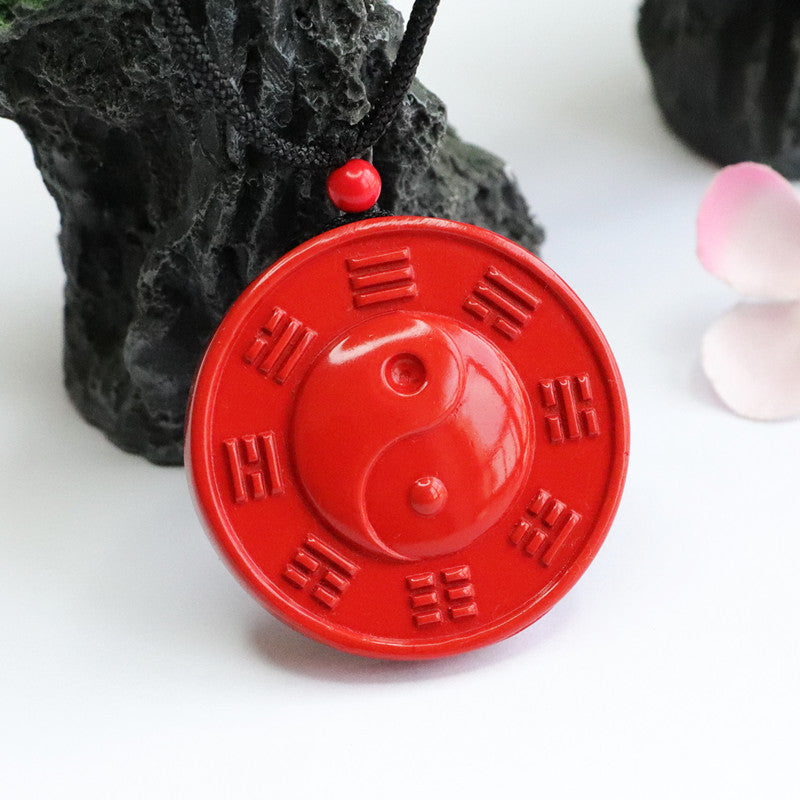 Cinnabar Bagua Round Red Sand Sterling Silver Pendant