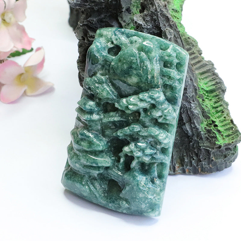 Scenic Hand-Carved Blue Green Landscape Jade Pendant