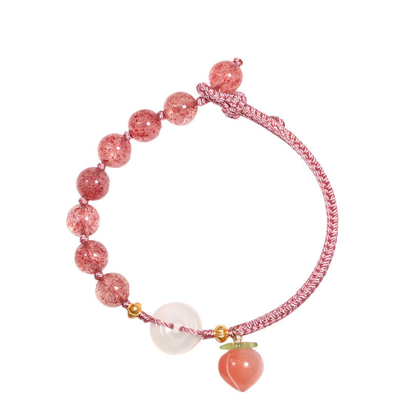 Natural Strawberry Crystal and Agate Bracelet with Sterling Silver Safety Buckle