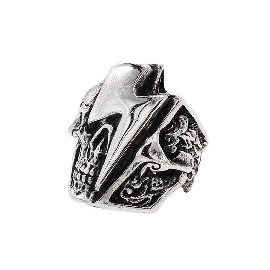 Men's Retro Skull Head Titanium Steel Ring with Lightning Design