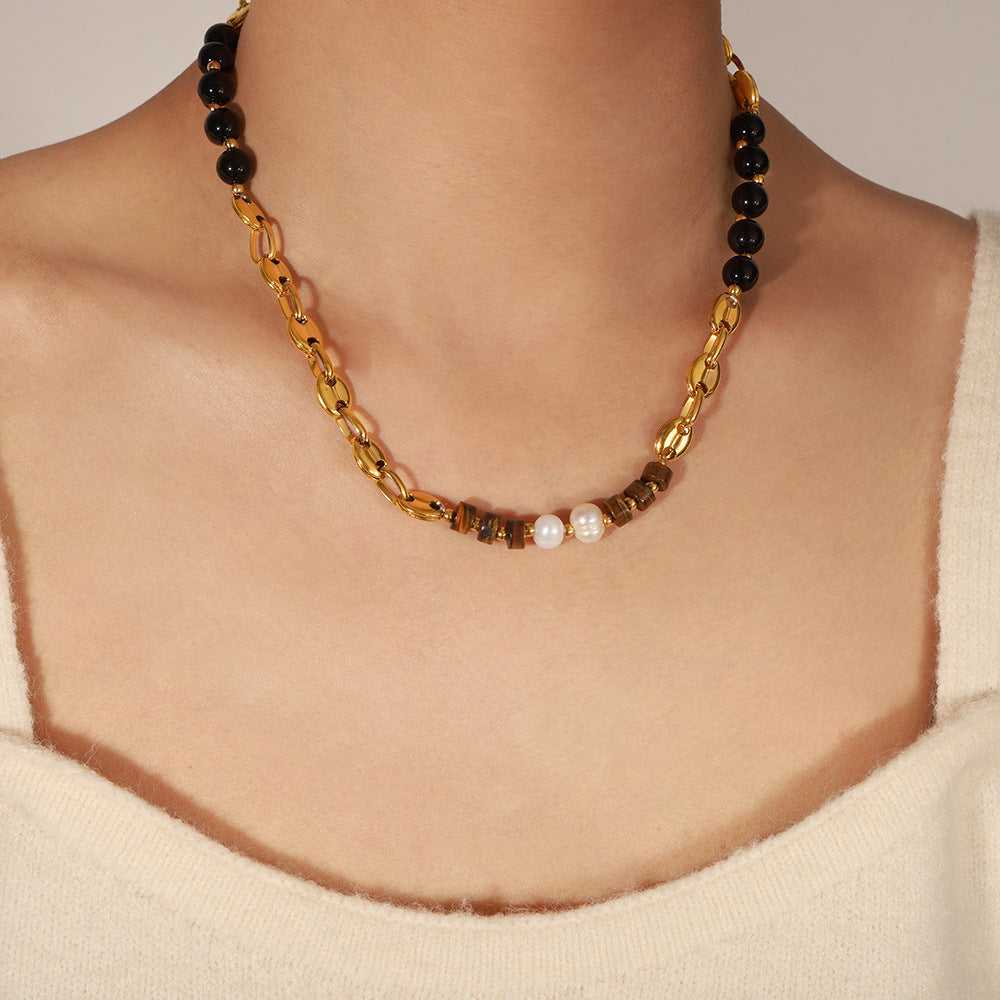 Luxury Tiger's Eye and Black Agate Handmade Necklace with Freshwater Pearls
