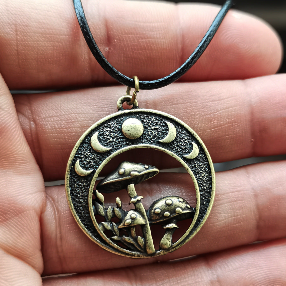 Vintage Moon Pendant Necklace with Mushroom Charm - Unique Jewelry for Women and Men