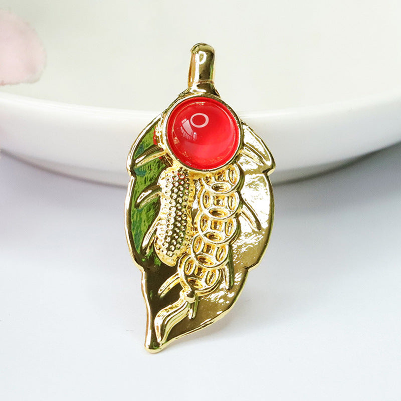 Round Agate Golden Leaf Pendant Jewelry