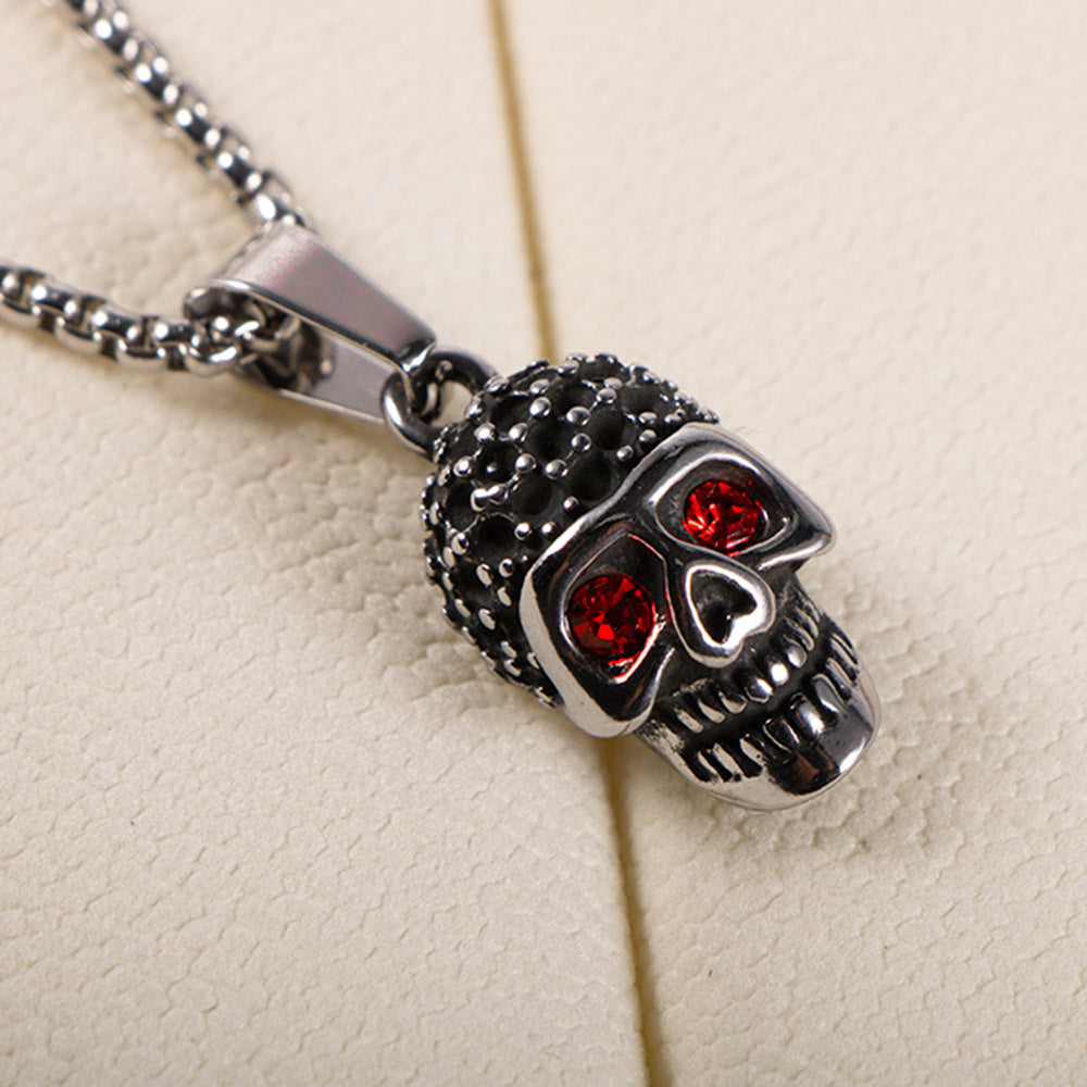 Vintage-Inspired Hip-Hop Skull Necklace with Red Zircon Pendant – Trendy Titanium Steel Jewelry for Men