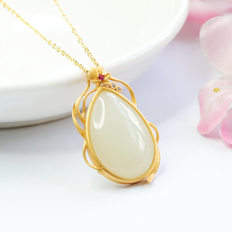 White Jade Drop Necklace with Sterling Silver Lace Detail