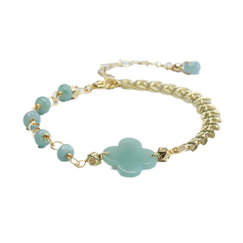 Jade Bead Bracelet with Sterling Silver Clover Accent