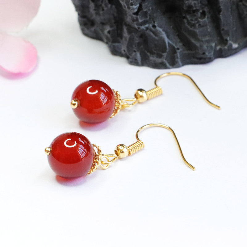 Ear Hooks with Red Agate Beads, Sterling Silver Earrings